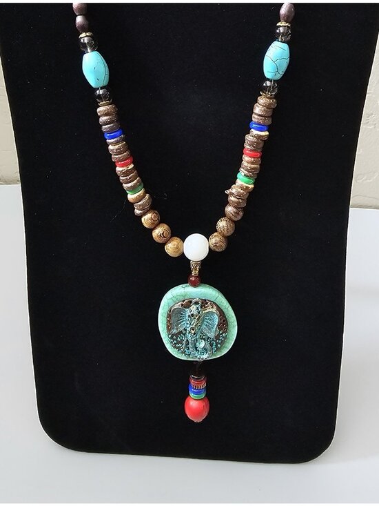 Unbranded Jewelry - Handmade Boho Elephant Pendant Necklace Turquoise Wood Beaded Tribal Statement